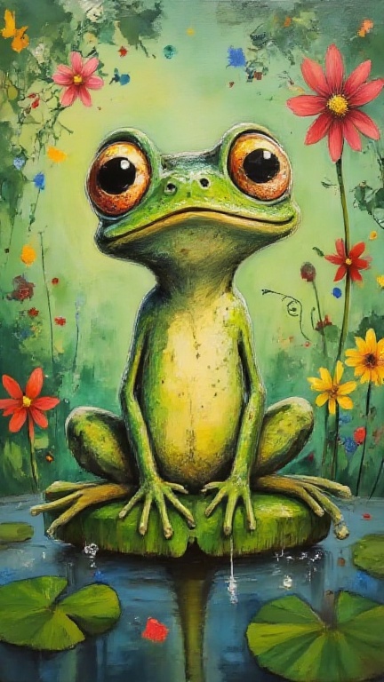 Whimsical Waterworld: A Disney-Pixar inspired oil painting on canvas. A vibrant emerald green toad,  sporting exaggerated...