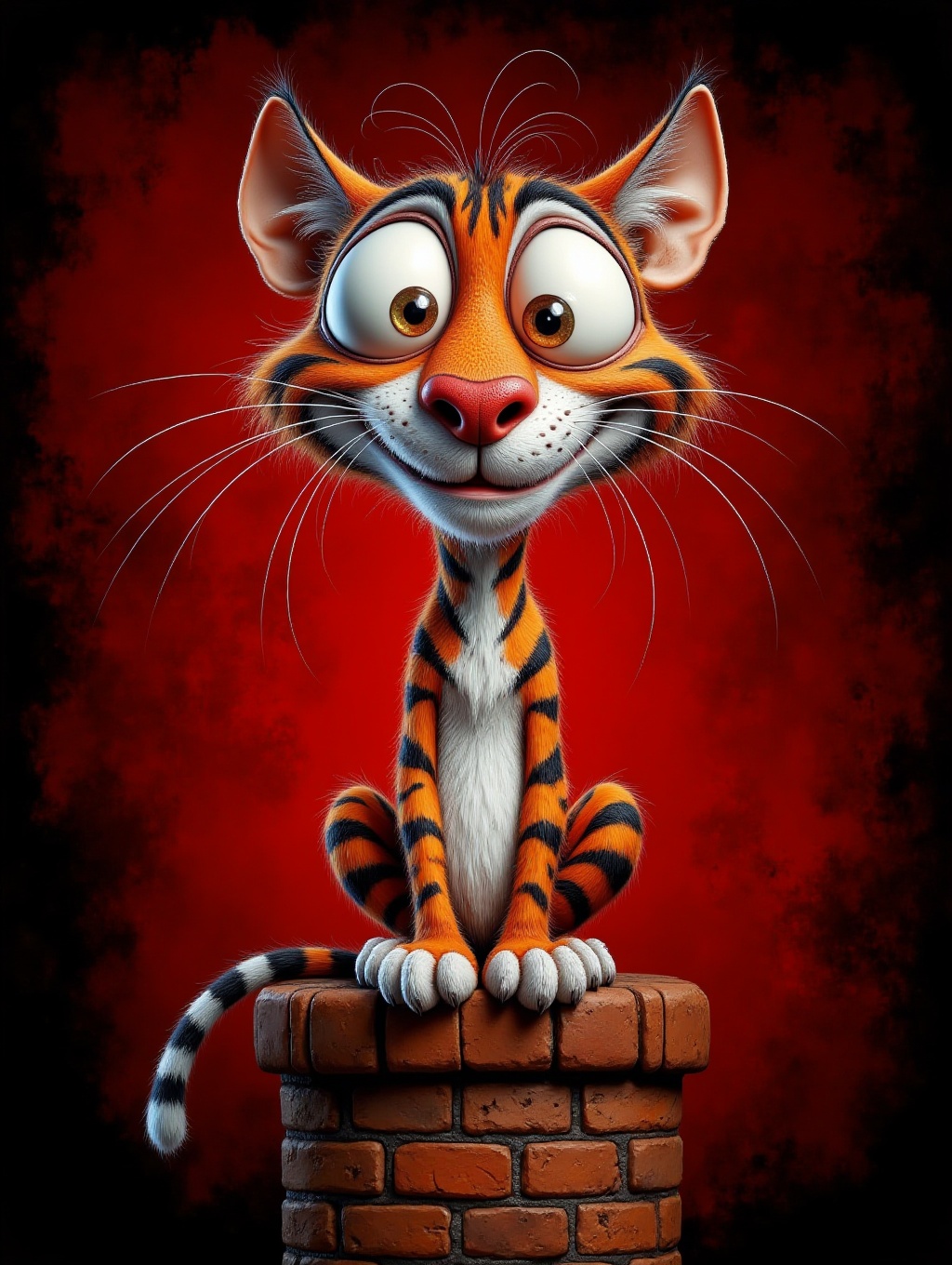 a whimsical adorable quirky cartoon tiger is perched on top of a brick wall. The cat's face is adorned exaggerated feature...