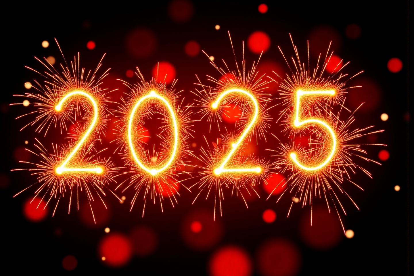 The fireworks burst in various shapes and sizes.The Pyro Font style writting "Happy-New-Year-2025" in a vibrant orange glo...