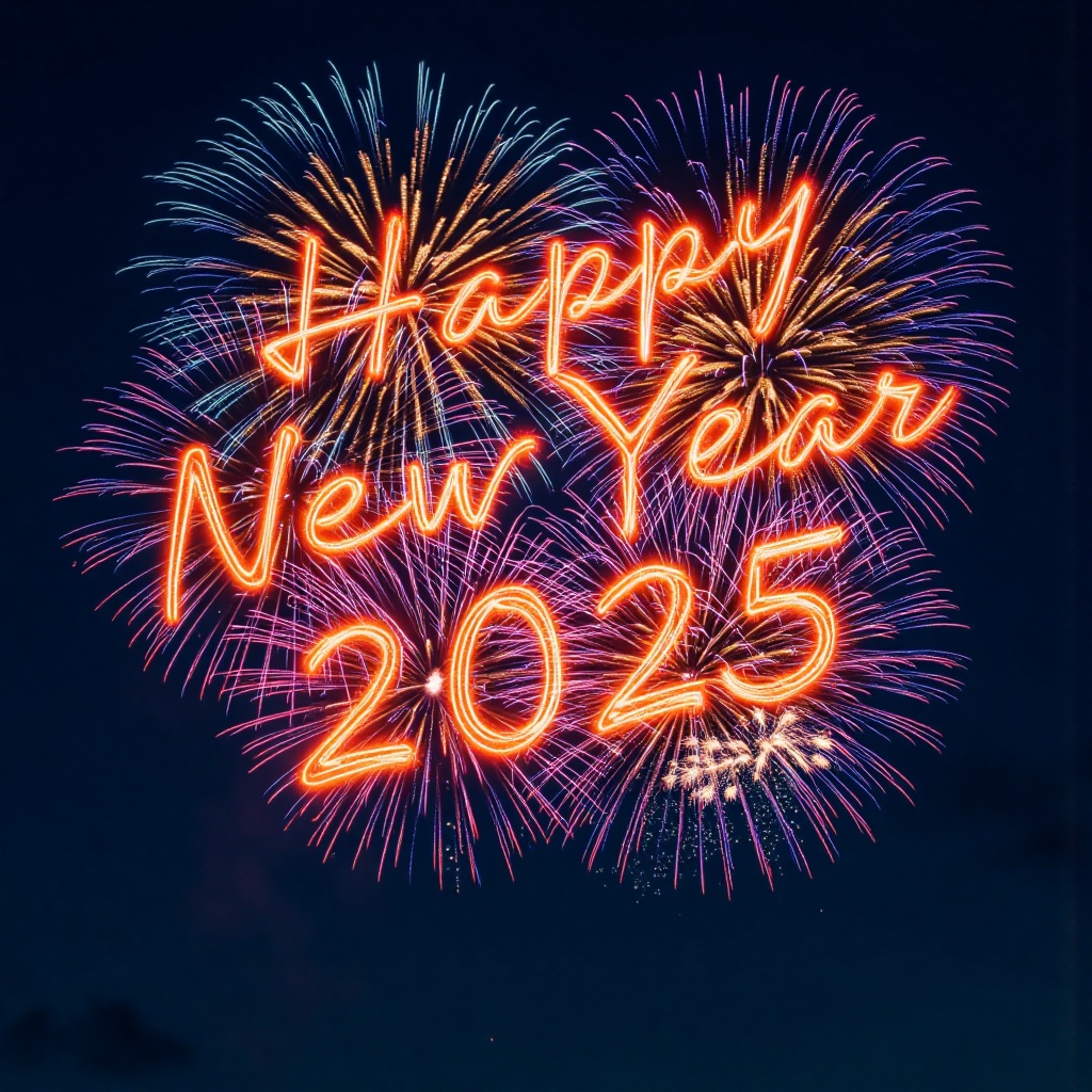 new year post card,  a vibrant display of fireworks is captured in a close-up shot. The fireworks make light writing style...
