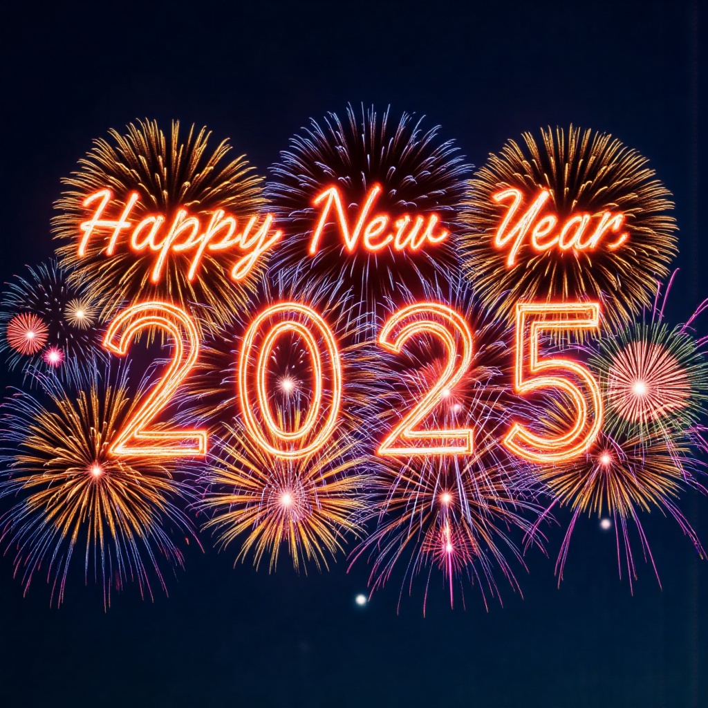 new year post card,  a vibrant display of fireworks is captured in a close-up shot. And light writing "Happy-New-Year-2025...