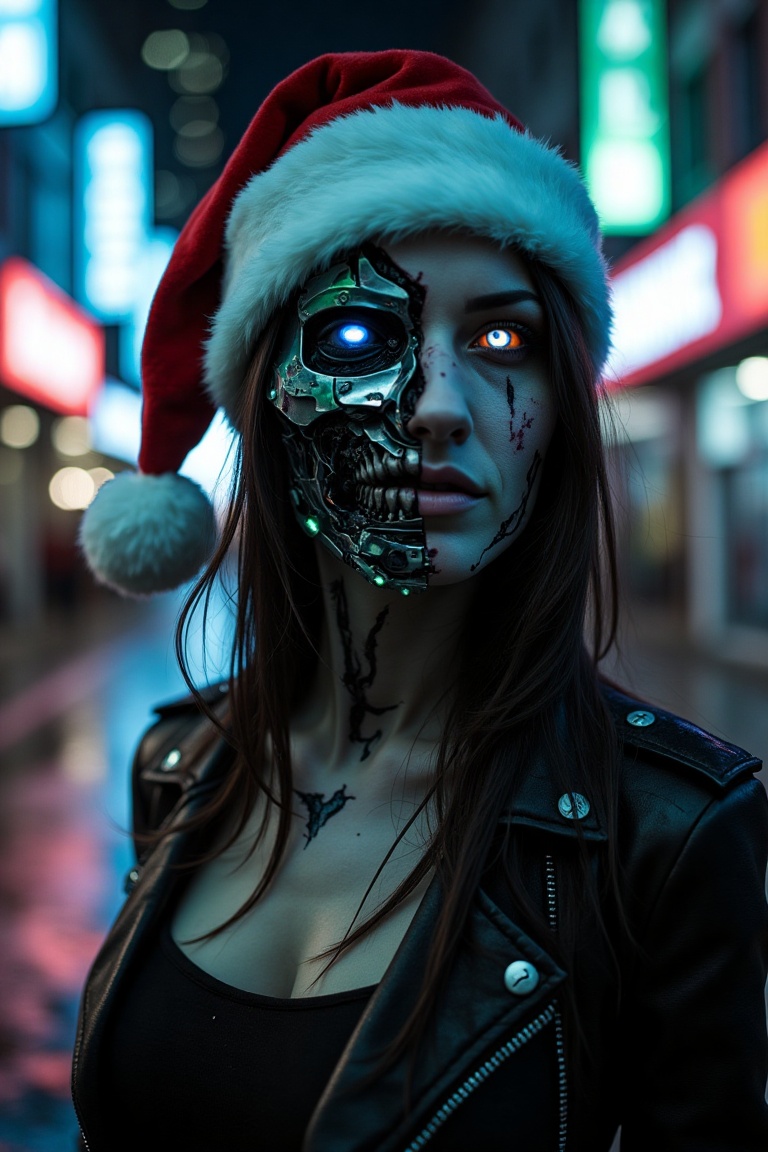 A close-up shot of a woman's face,  wearing a festive Santa hat,  blending cyberpunk and horror elements. Her features are...