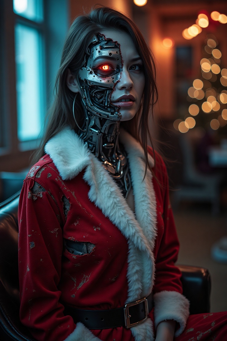 A medium shot of a beautiful woman transformed into a zombie cyborg,  wearing a tattered Santa suit. Her face features glo...