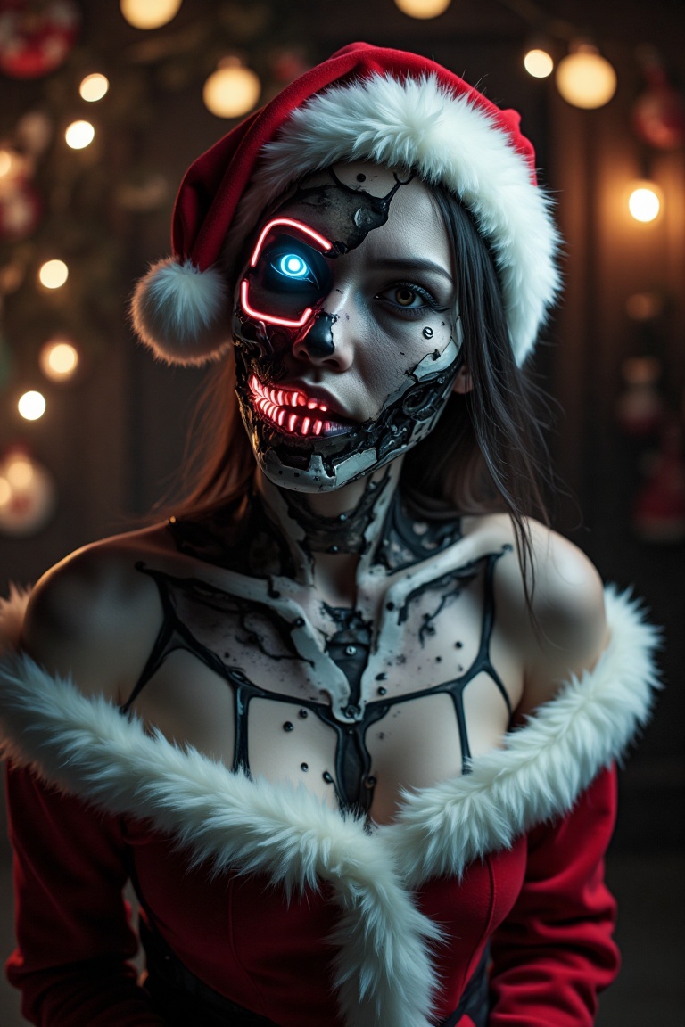 A medium shot of a beautiful woman transformed into a zombie cyborg,  wearing a tattered Santa suit. Her face features glo...