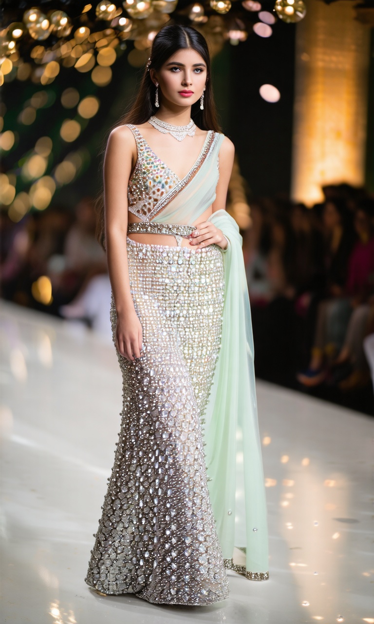 girl wear long crystal gown full sleevein fashion show bokeh background photorealistic look like original 4k 30 resolution...
