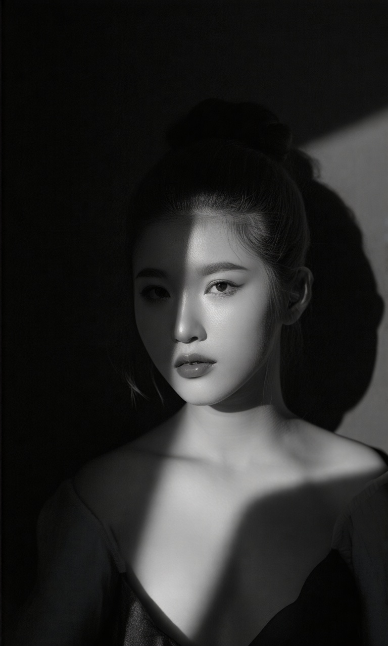 A moody monochrome portrait of a single girl,  set against a dark and simple background. The spotlight casts a warm glow o...