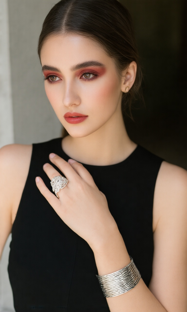 A close-up shot of a woman in a black sleeveless blouse,  adorned with a silver bracelet and a silver ring. She is wearing...