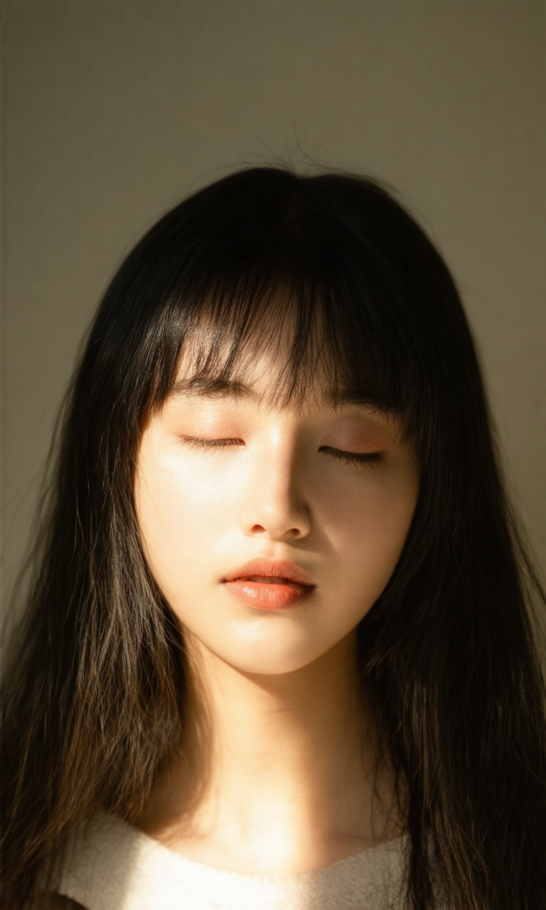 A solo portrait of a girl with long,  black hair and blunt bangs framing her face. Her eyes gaze directly at the viewer,...