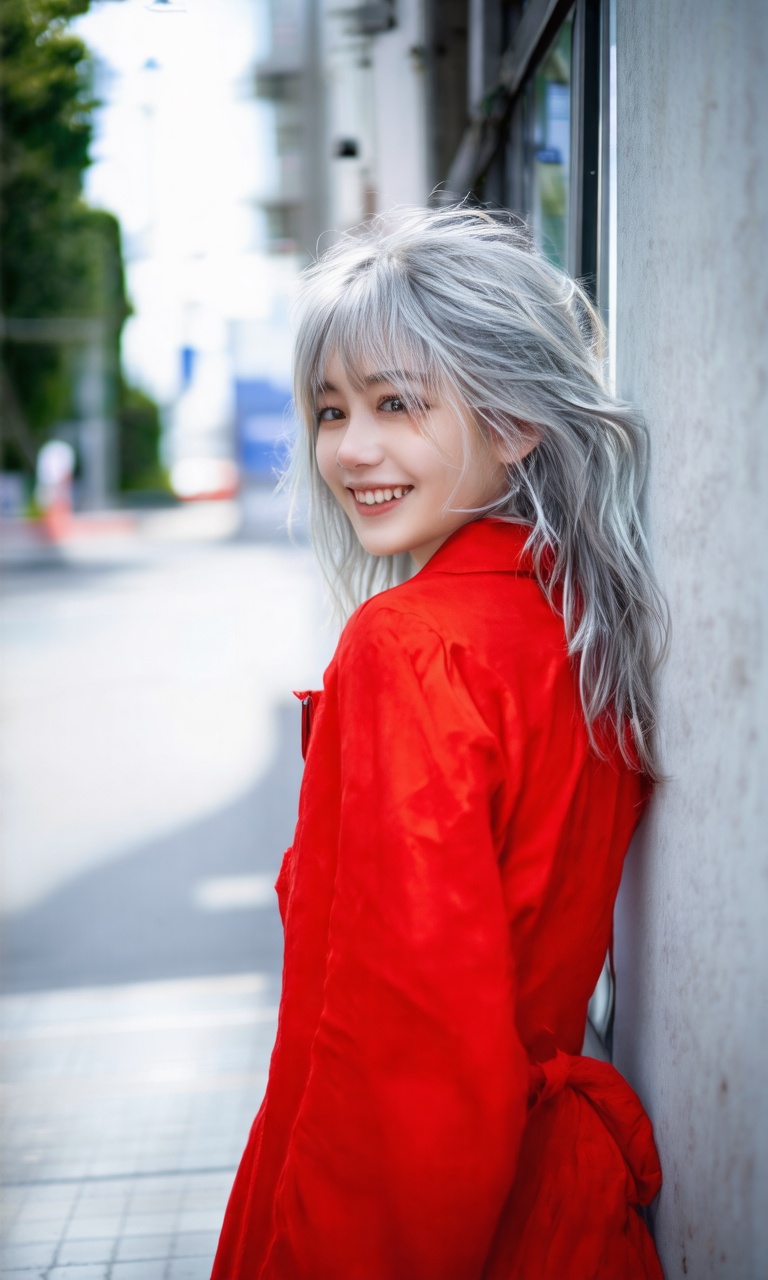photorealistic of a cute girl in red\(smile,  messy long silver hair\),  detailed skin and face on Tensor.Art