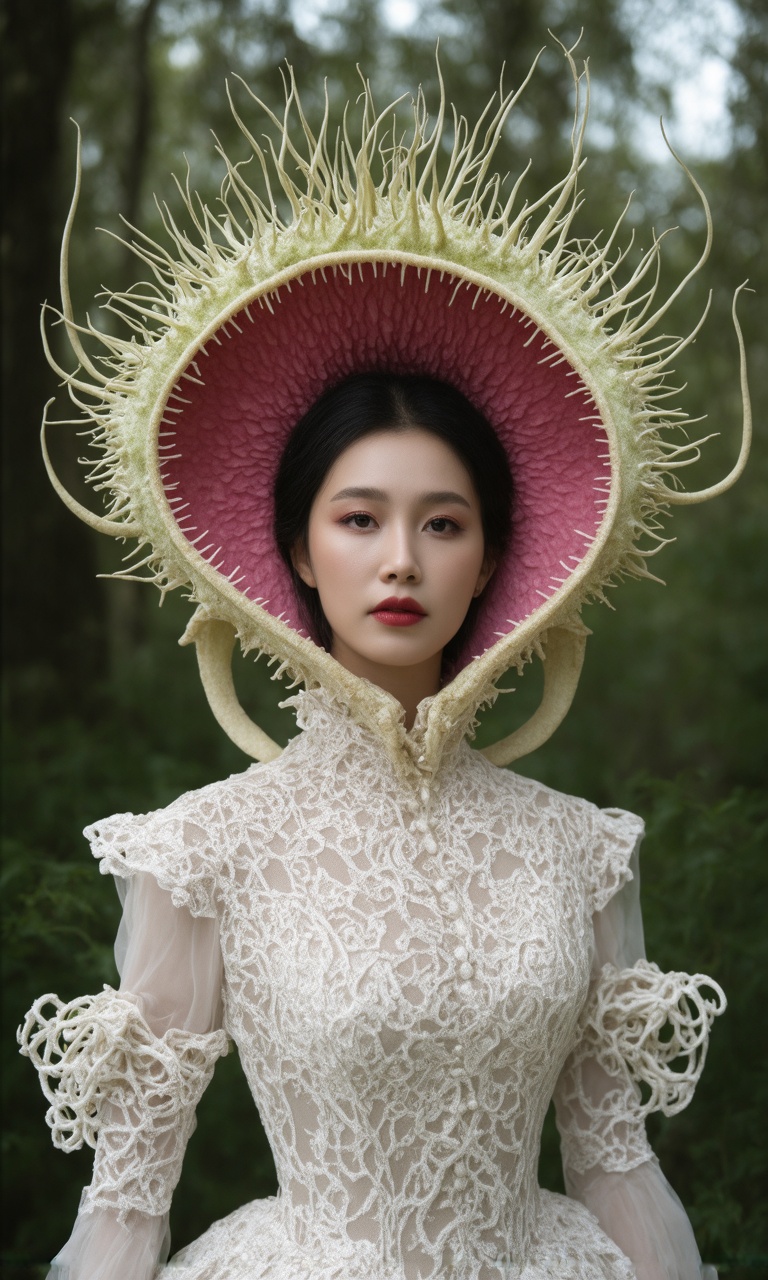 Ethereal portrait of a dark-haired woman wearing a biomechanical haute couture dress inspired by a Venus flytrap. Dress fe...