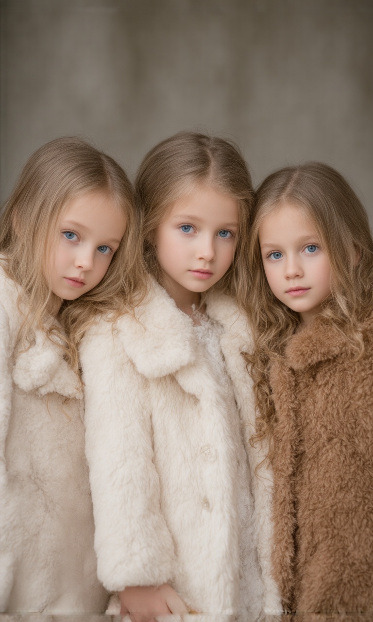 This is a photograph featuring three young girls,  likely siblings,  posing closely together. They are positioned centrall...