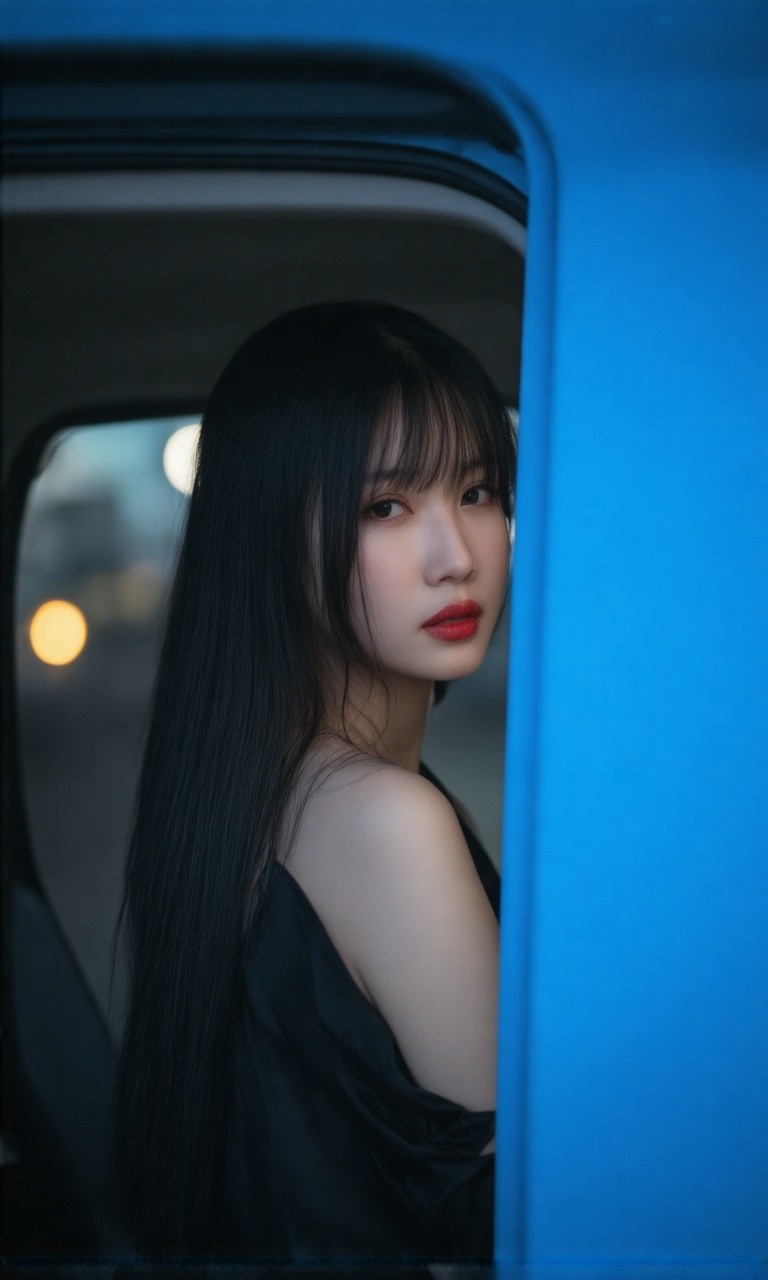 A Wong Kar Wai-inspired masterpiece! A half-body shot of a stunning young woman,  captured with a Fujifilm 100mm lens,  un...