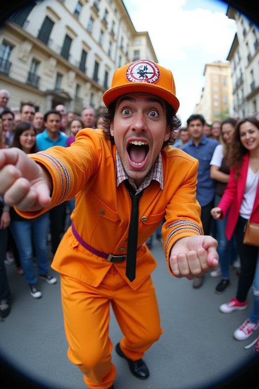 Capture a vibrant street performer mid-act,  using a fish-eyed lens to emphasize their expressive face and exaggerated ges...