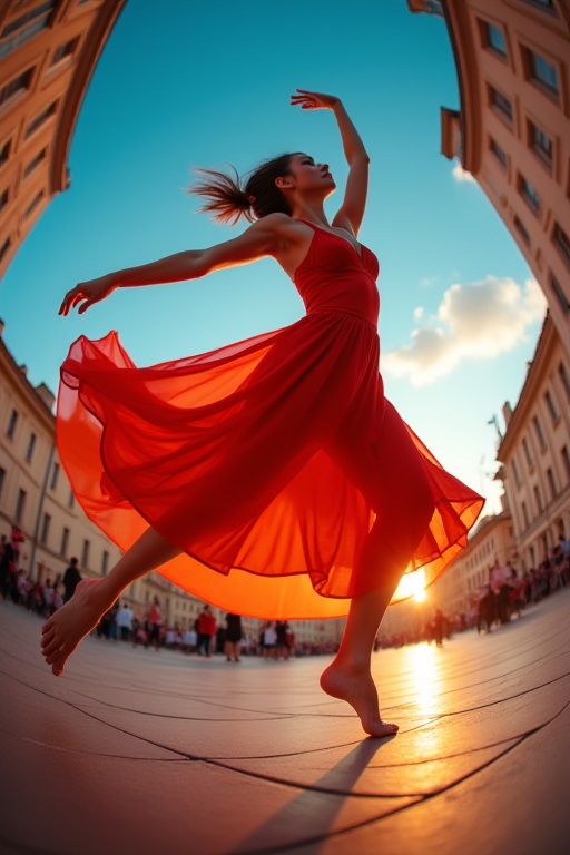 (Wide Angle Fish eye effect) (fisheye lens) to emphasize the fluidity and grace of the dancer's movements. Position yourse...