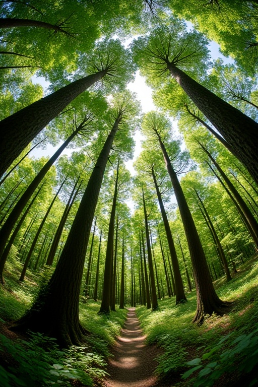 Nature's Curvature: Photograph a dense forest canopy from below,  using a fisheye lens to highlight the towering trees tha...
