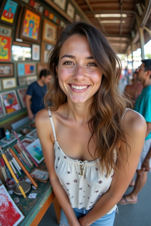 Snap a candid portrait of a local artist surrounded by their colorful creations in a bustling market. The fish-eyed lens w...