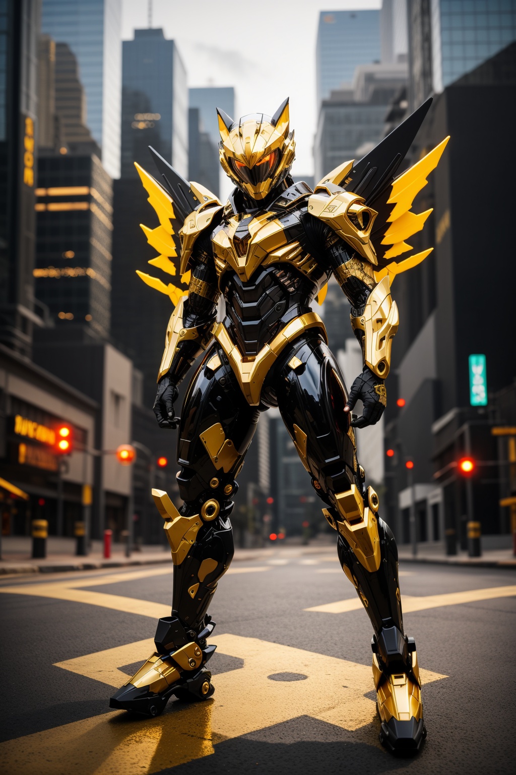 full body view,  black and gold color,  a sleek mecha foxboy warrior on Tensor.Art