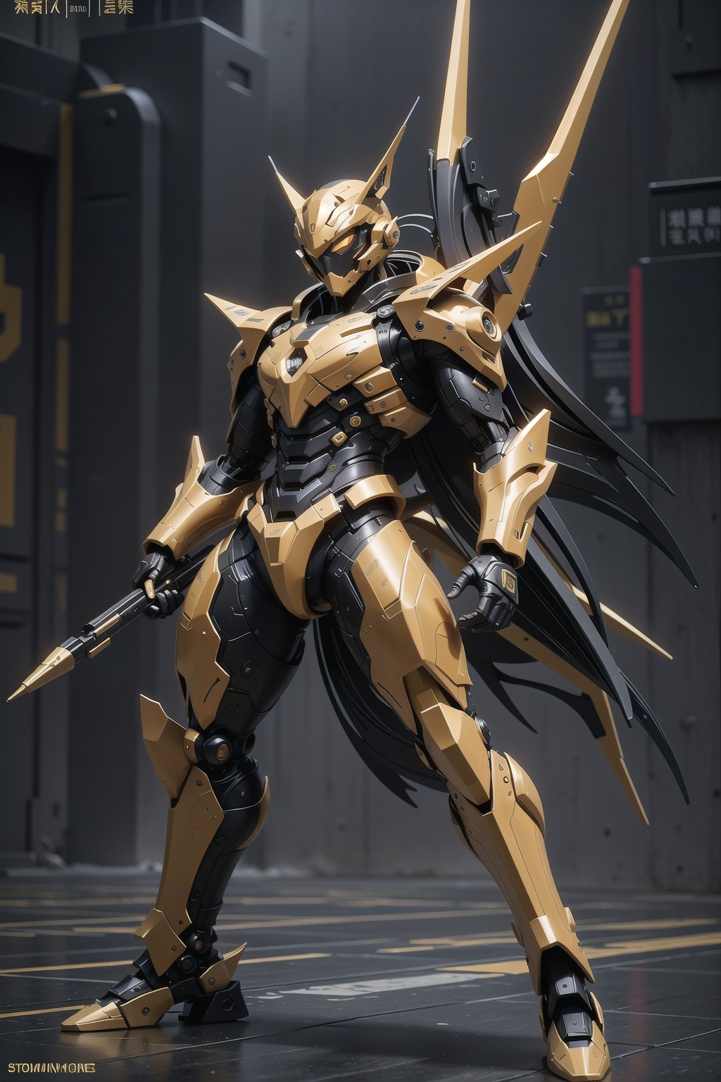 full body view,  black and gold color,  a sleek mecha foxboy warrior on Tensor.Art