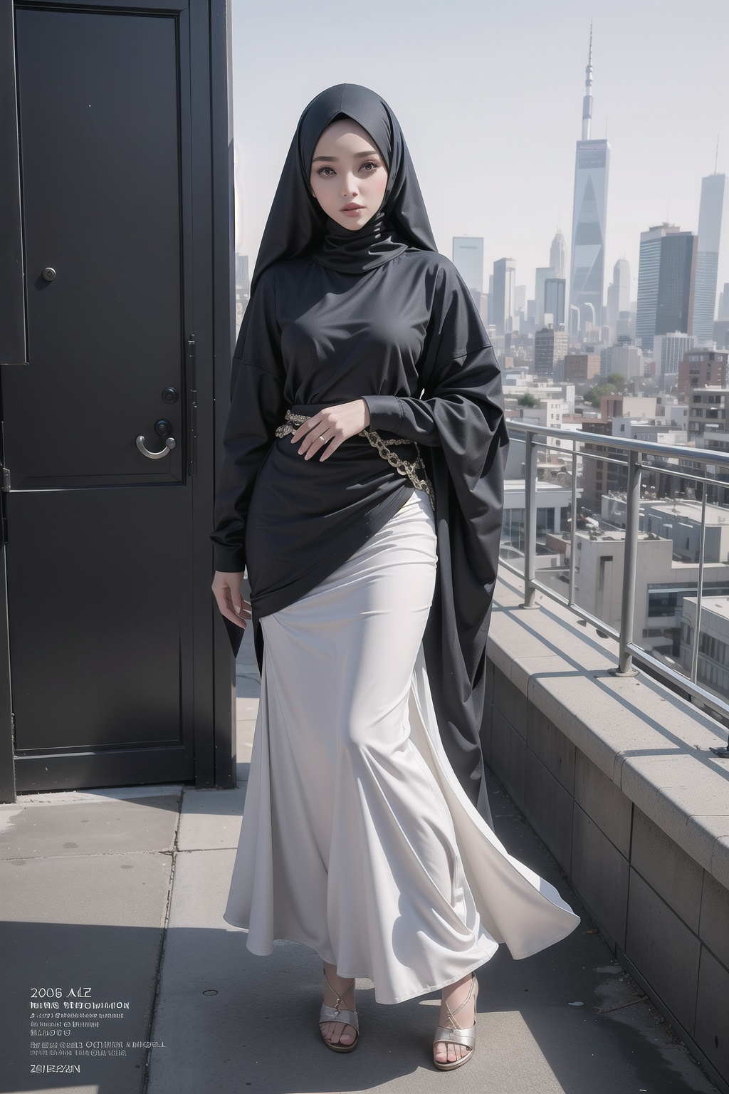 [A high-fashion magazine cover featuring a full-body shot of a beautiful lady wearing an fully hijab,  muslimah outfit wit...