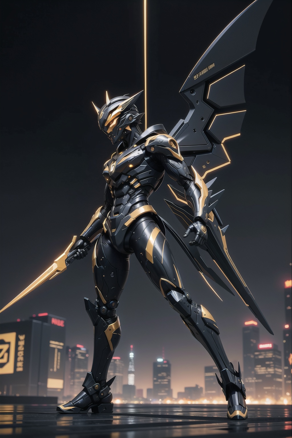 full body view,  black and gold color,  a sleek mecha foxboy warrior on Tensor.Art