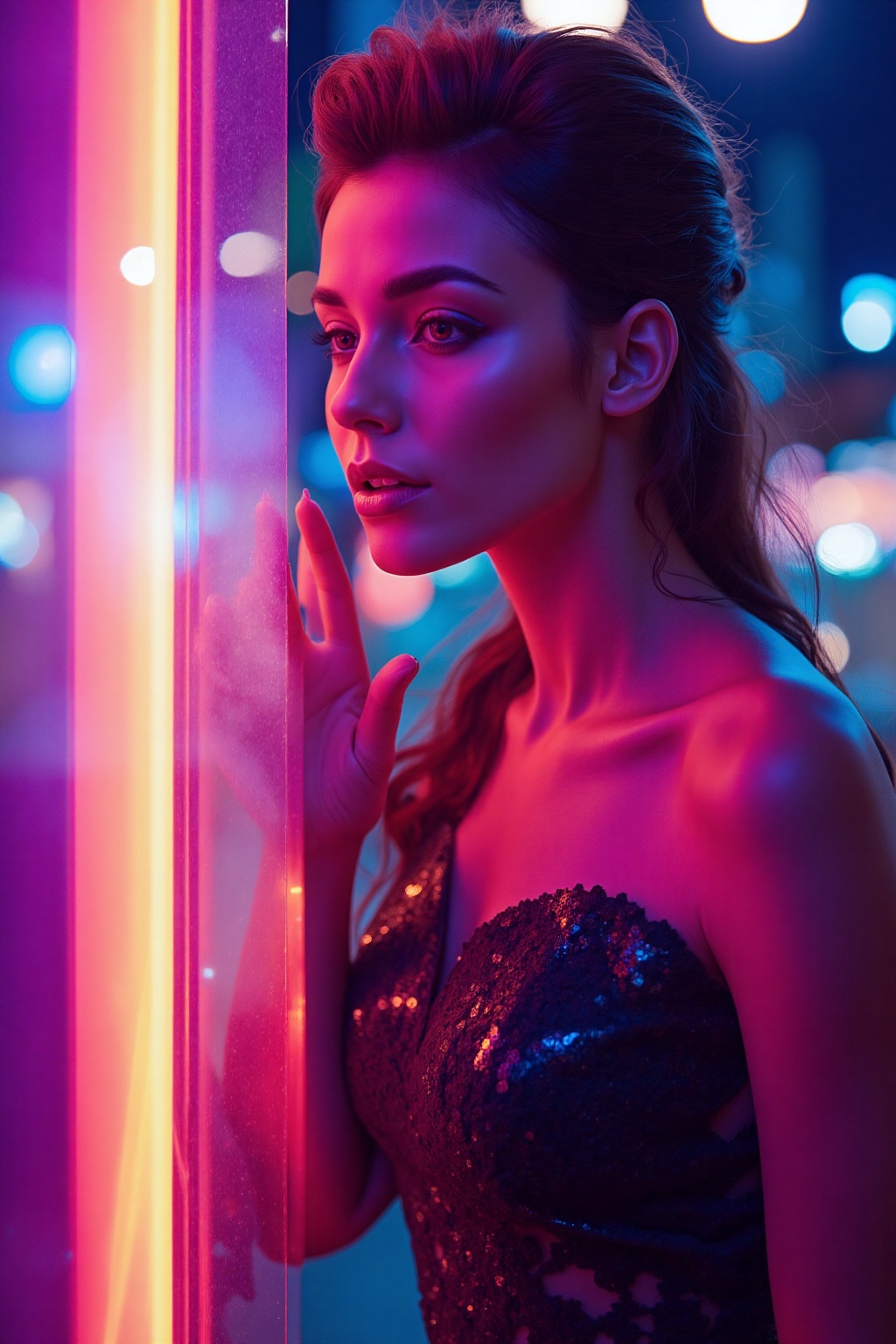 In a mesmerizing urban backdrop,  a woman poses elegantly beside a radiant neon light. Her contemplative gaze is slightly...