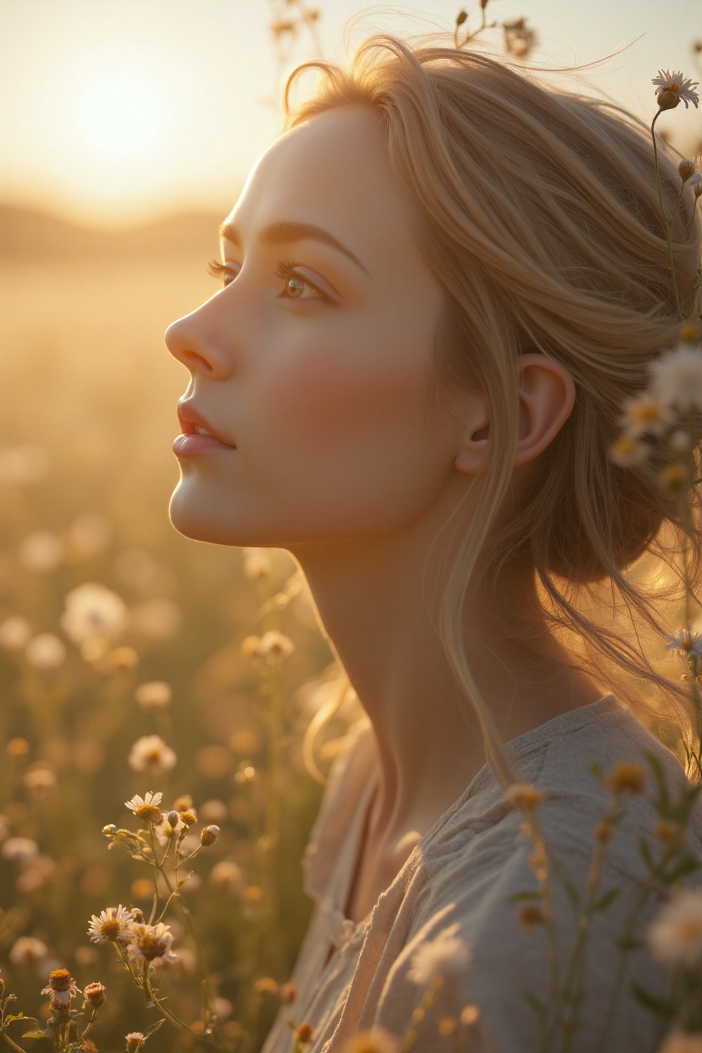 In the gentle embrace of the golden hour,  a young woman gazes softly into the distance. Her blonde hair cascades gently o...