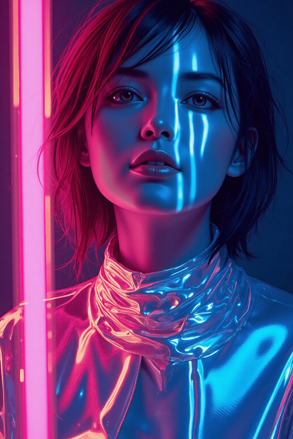 Vertical streams of cyan and magenta light create a mesmerizing cyberpunk atmosphere. Holographic fabric gleams under dram...
