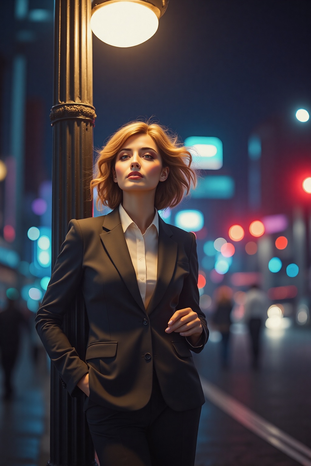 Under the vibrant city lights,  a woman exudes confidence and style. Dressed in an elegant tailored suit,  she stands grac...