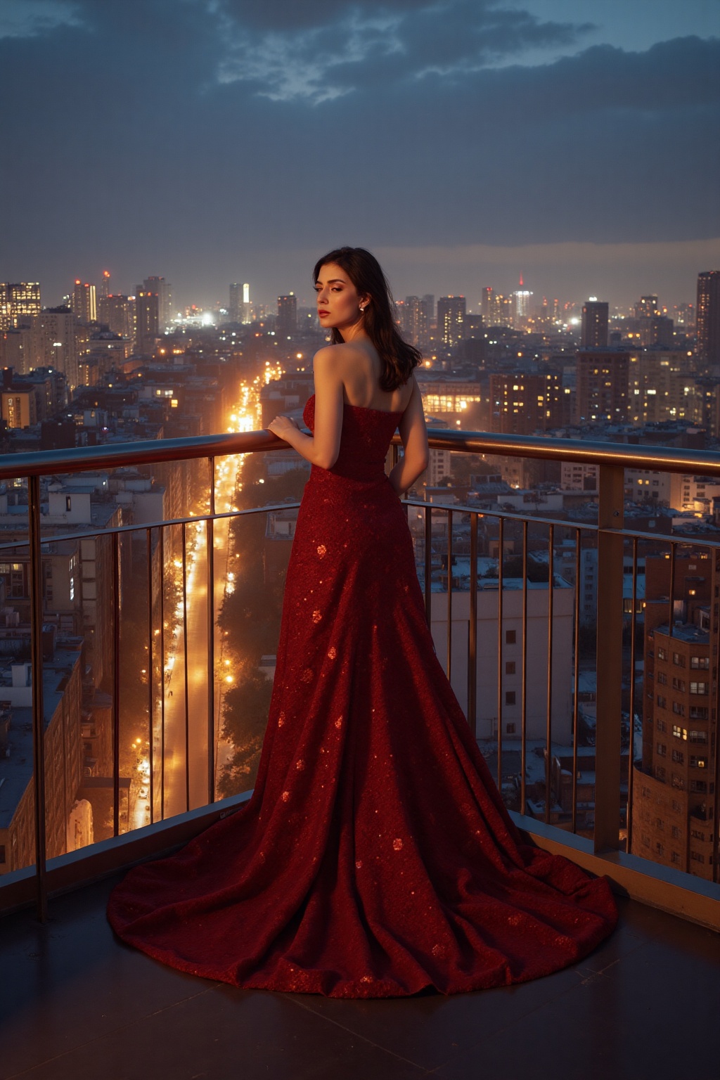As the city lights begin to twinkle in the encroaching dusk,  a woman finds herself on a high balcony,  draped in the luxu...