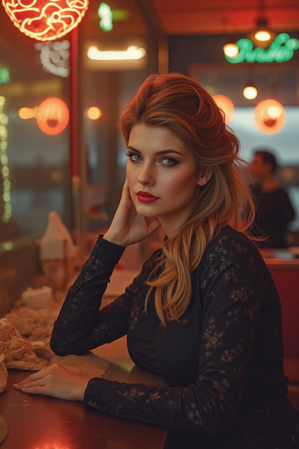 Captured within the charming ambience of a retro diner,  this photograph showcases a glamorous young woman whose style pay...