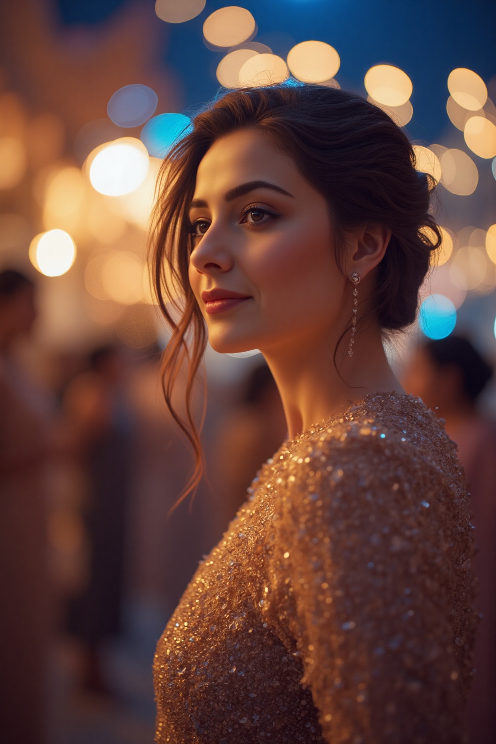 Amidst the soft glow of ambient lighting,  a woman exudes sophistication and glamour. Her delicate features are complement...