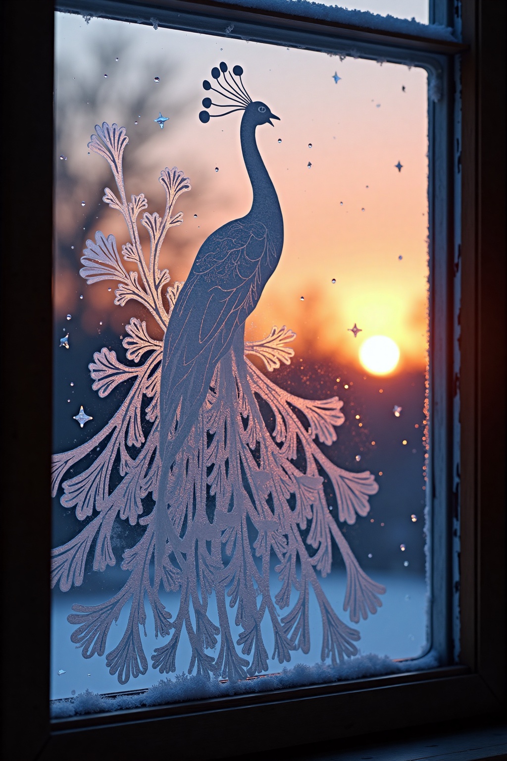 drawing on the window with one frosted line in the form of a peacock on the window,  beautiful,  aesthetic on Tensor.Art