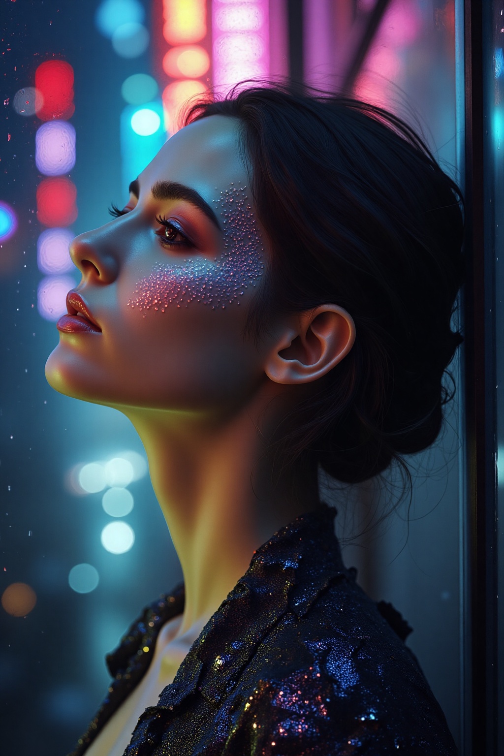 Under the luminescent glow of neon signs,  a young woman pauses by a window in the bustling city night. Her contemplative...