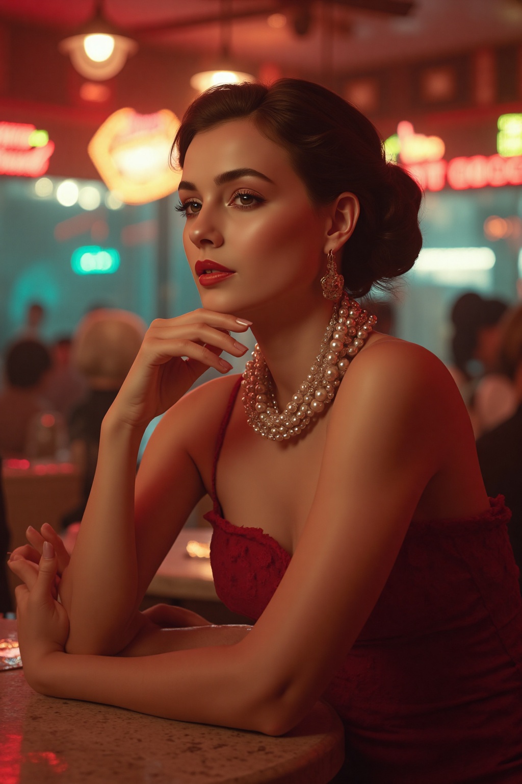 In this evocative image,  a woman exudes timeless elegance as she poses in a classic red dress that perfectly contrasts wi...