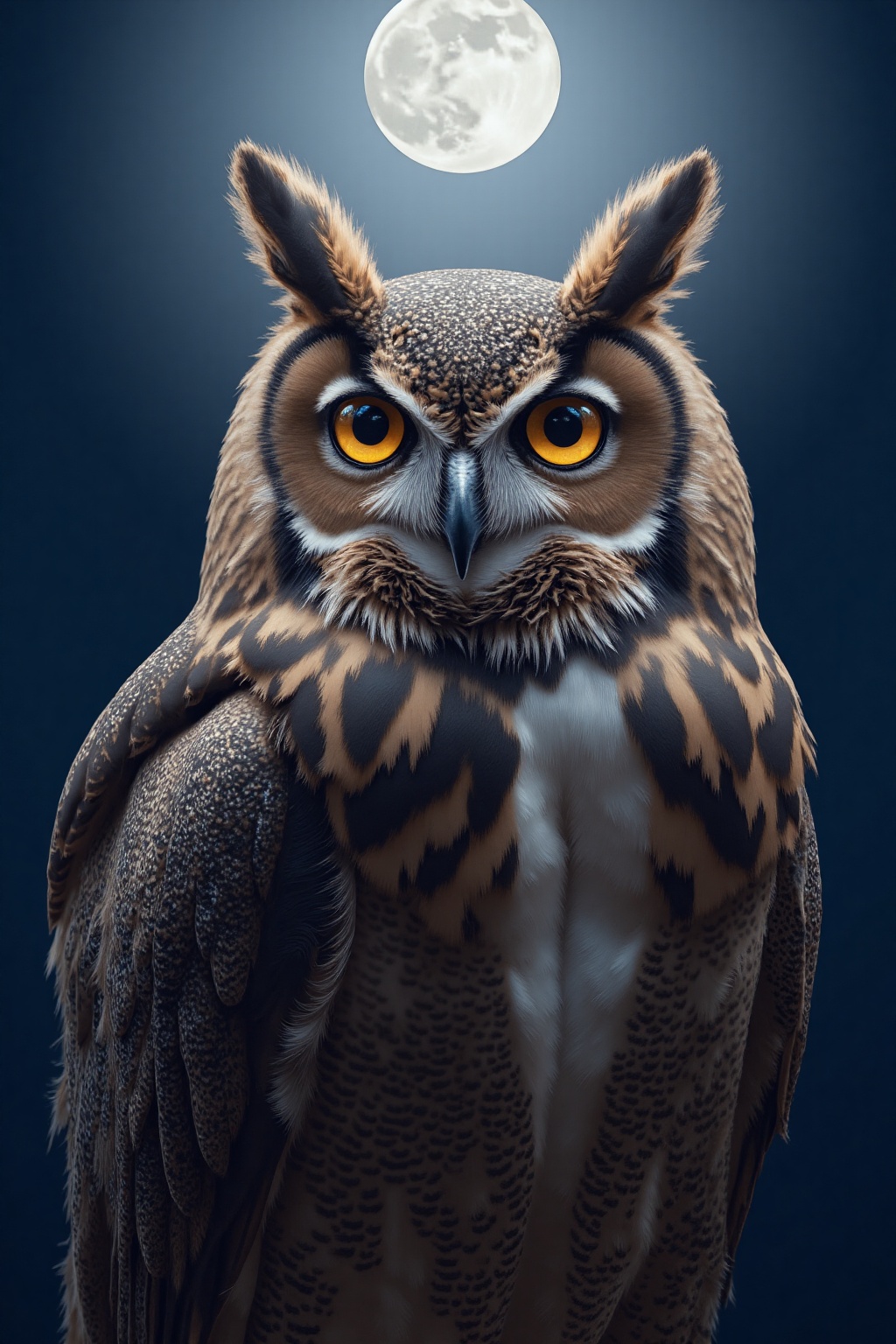 Against the velvet darkness of night,  a magnificent owl commands attention with its intense golden eyes. Moonlight catche...