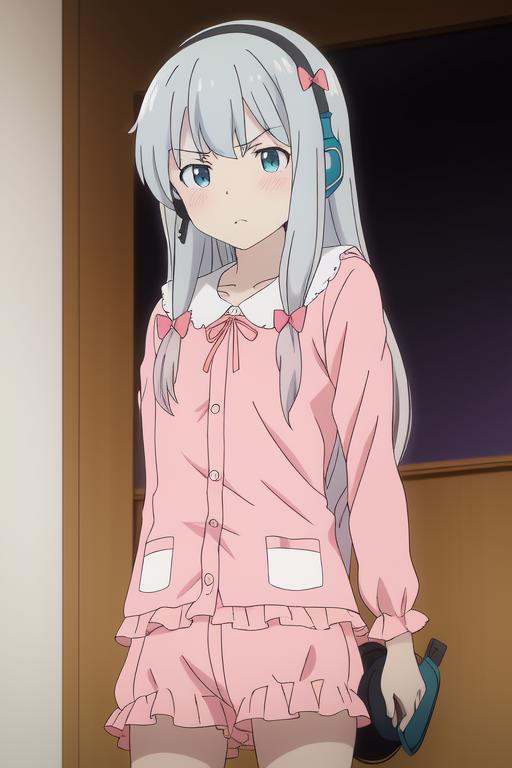 izumi sagiri,  pink pajamas,  headphone on Tensor.Art