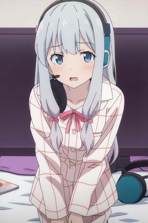 izumi sagiri,  white plaid pajamas,  headphone on Tensor.Art