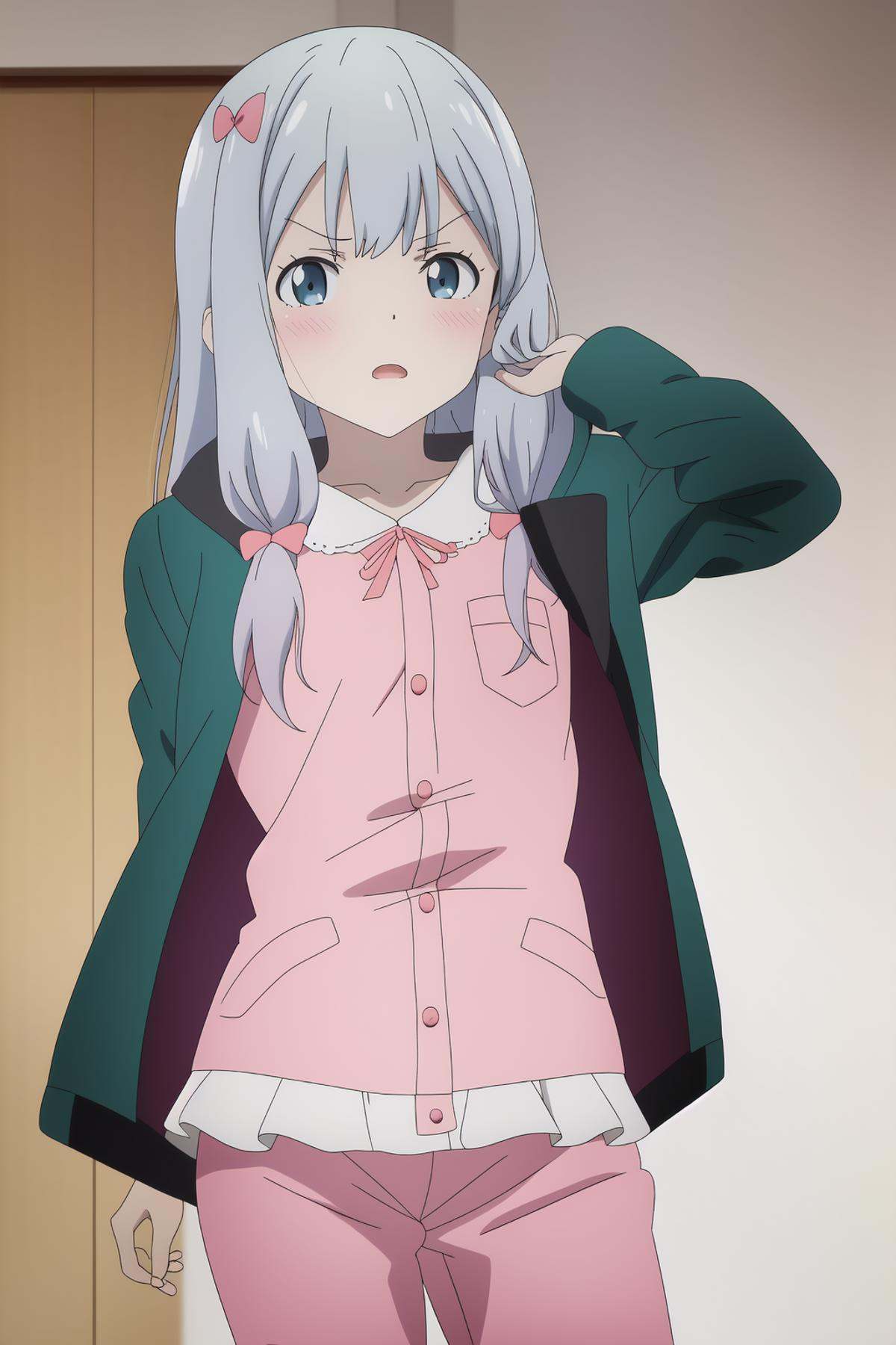 izumi sagiri green jacket,  pink pajamas,  8k on Tensor.Art