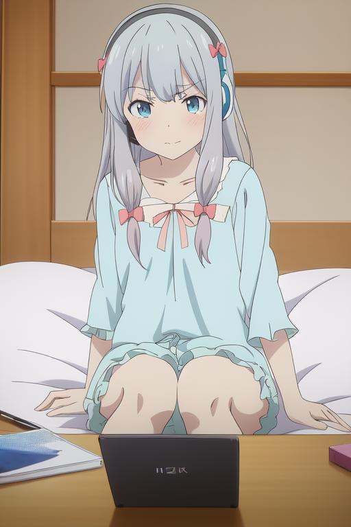 izumi sagiri,  blue pajamas,  headphone on Tensor.Art