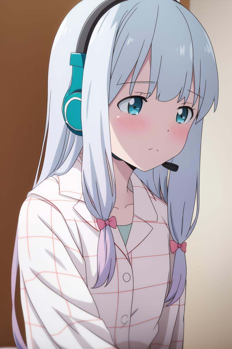 izumi sagiri,  white plaid pajamas,  headphone on Tensor.Art