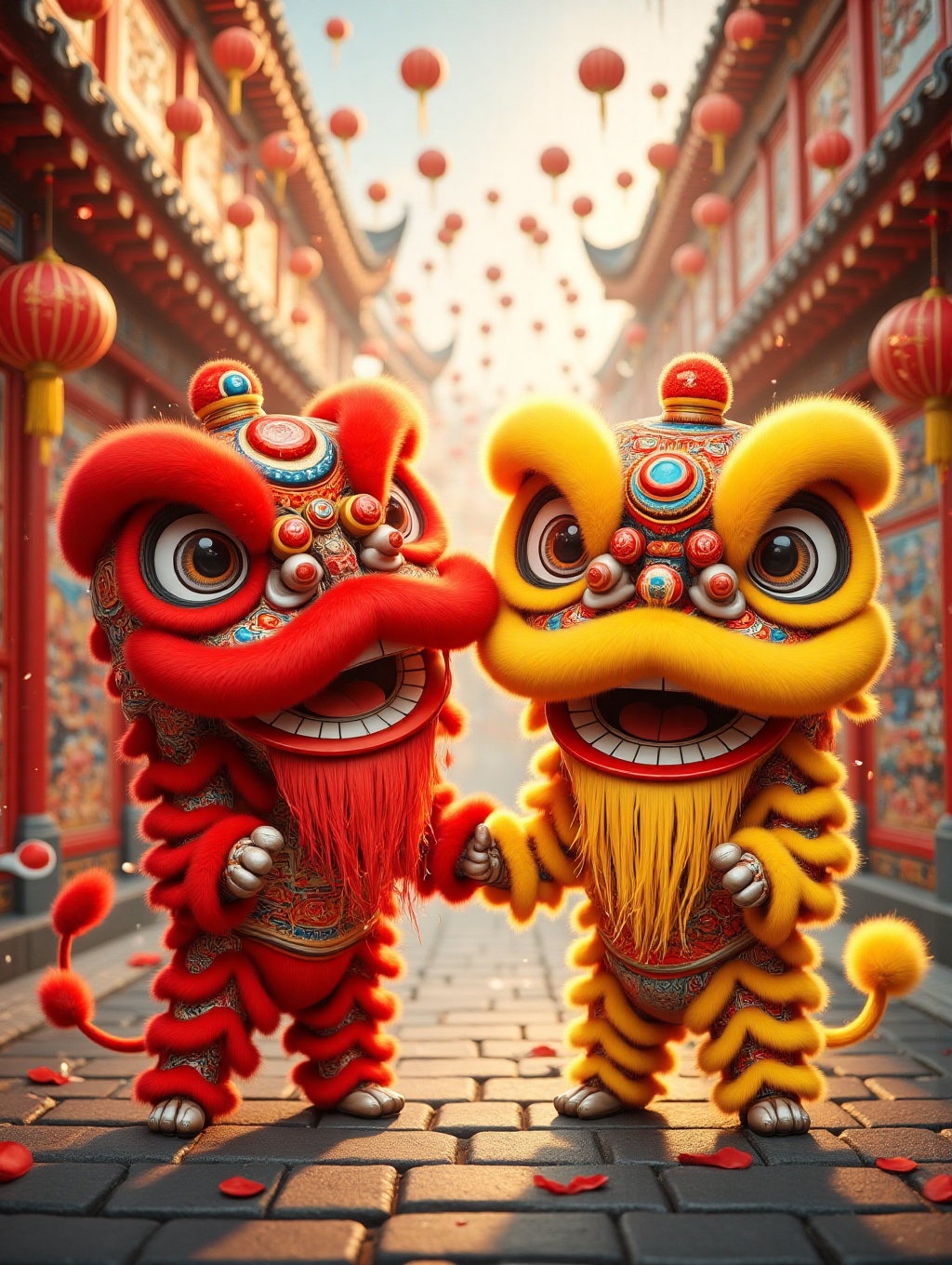 Two lion dance colour red and yellow,  with a cinematic scenery celebration chinese new year,  with detailed fur on Tensor...