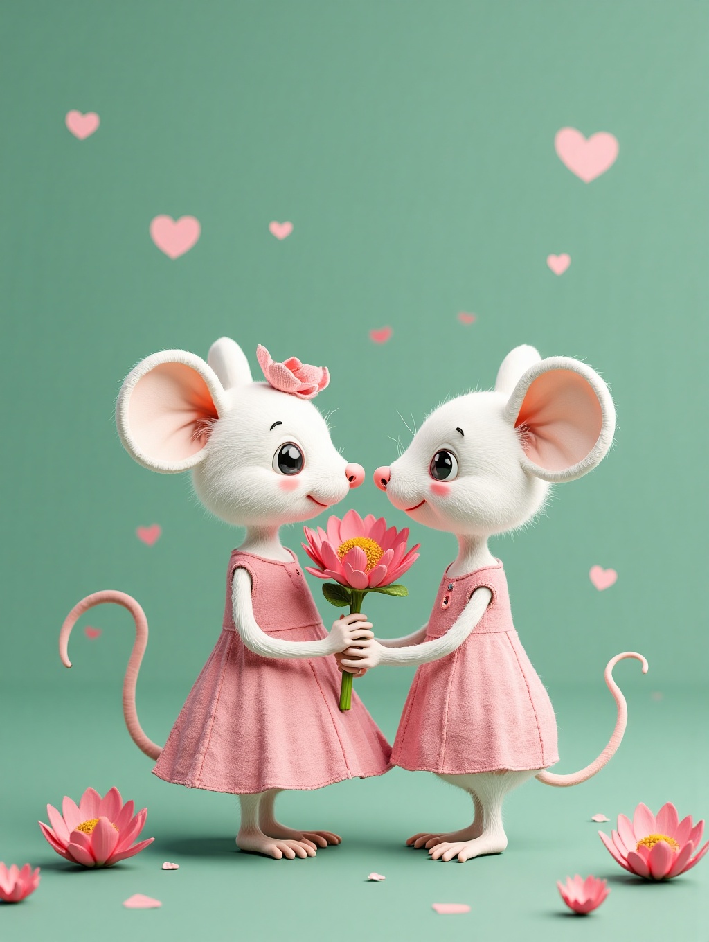 3D illustration of a cute white mouse and her baby wearing pink dresses holding flowers,  Peacock Green background with he...