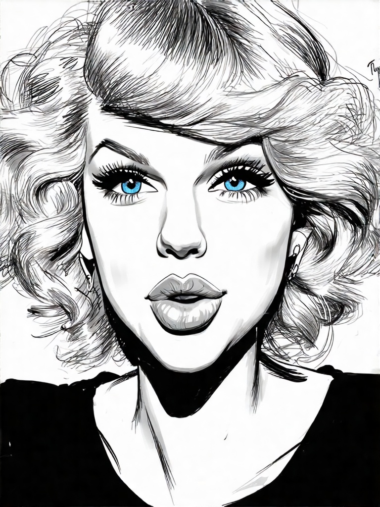 A whimsical caricature of Taylor Swift as a pop culture icon,  exaggerating her signature. The singer's face dominates the...