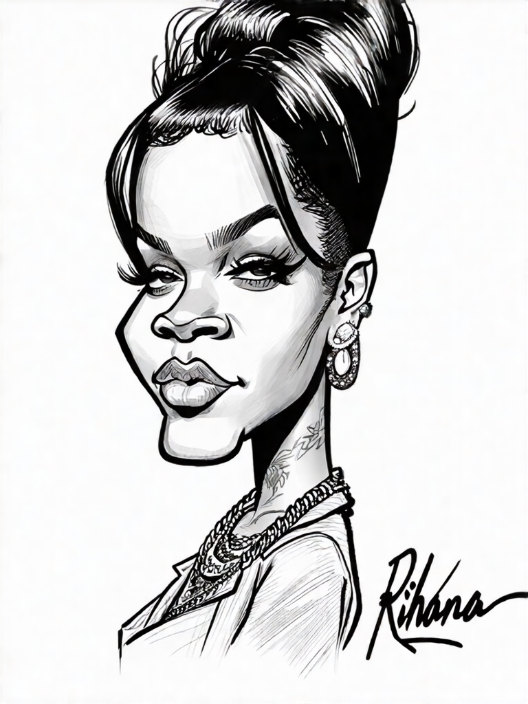 A whimsical caricature of Rihanna as a pop culture icon,  exaggerating her signature. with an oversized head,  pencil draw...