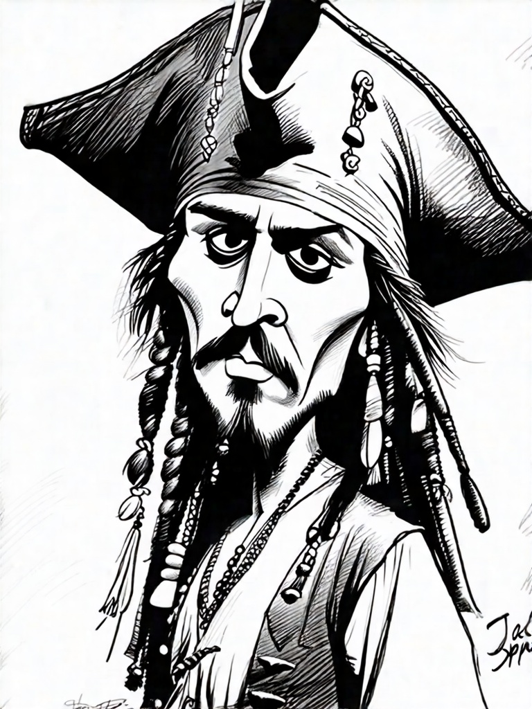 A whimsical caricature of Jack Sparrow as a pop culture icon,  exaggerating her signature. with an oversized head,  pencil...