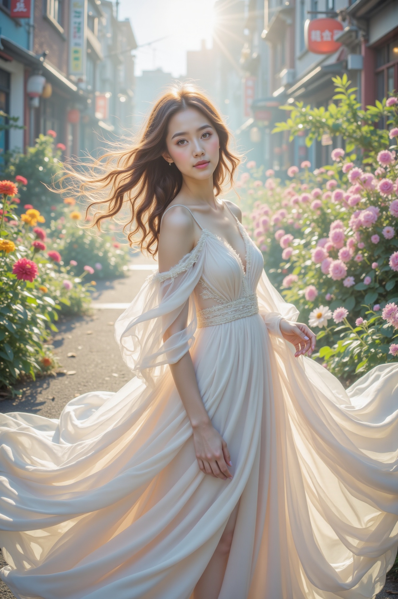 A low-angle shot,  captured through a 35mm lens at f/1.2,  casts a dreamy glow on the subject's gentle beauty. The camera...
