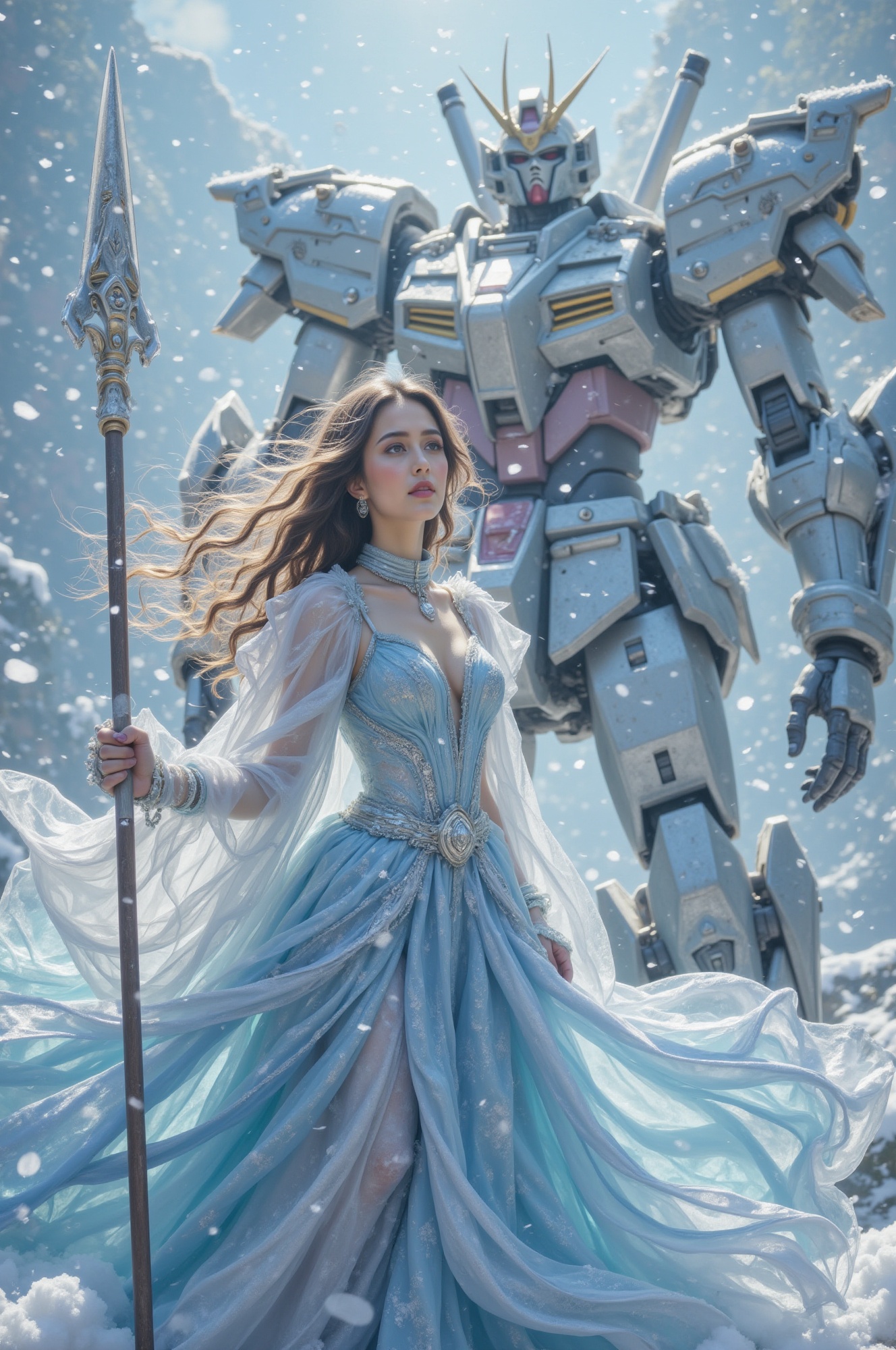 A close-up shot of a fierce young warrior woman standing firm amidst a blinding snowstorm. She dons a flowing light blue d...