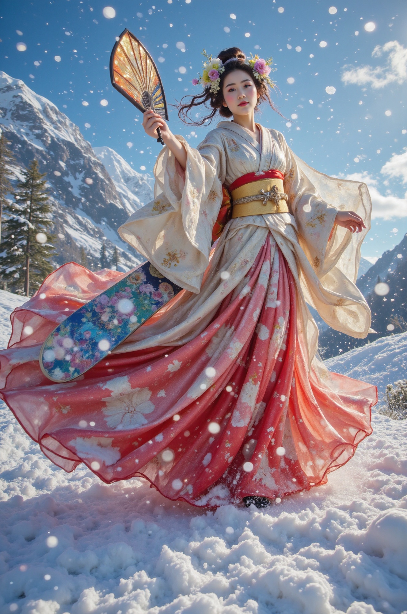 A majestic Japanese geisha,  kimono radiating vibrancy amidst snowflakes,  stands triumphantly low-angle on Tensor.Art