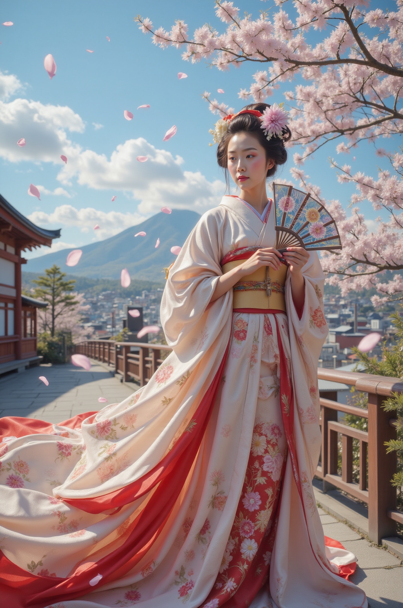 A serene Japanese geisha stands majestically at a super low angle,  bathed in soft focus with flowing hair and gown also f...