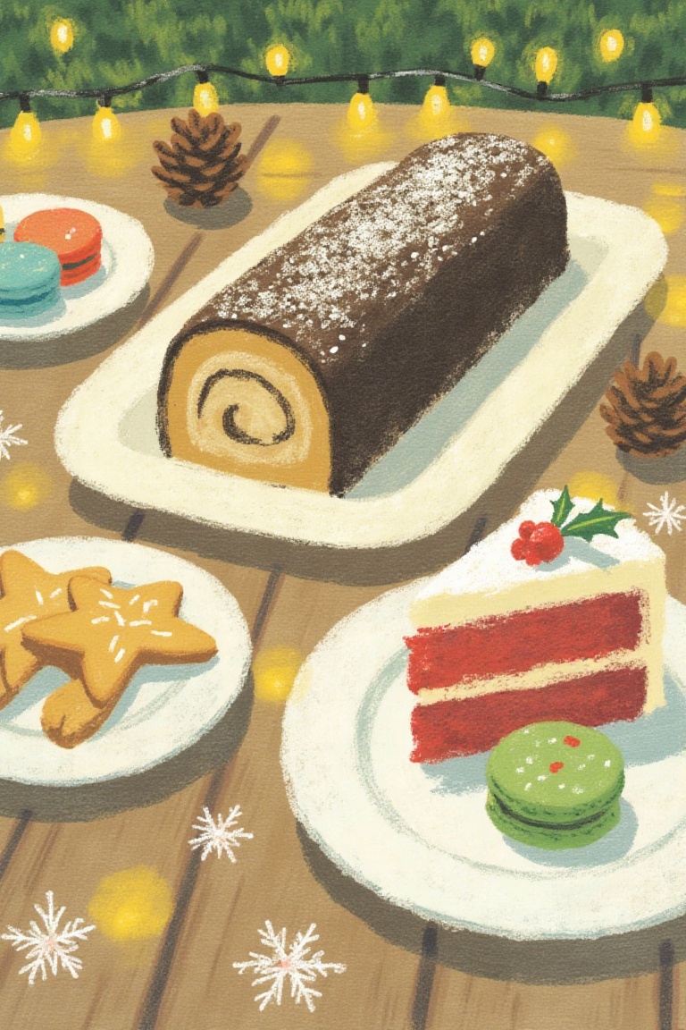 A beautifully illustrated festive dessert table featuring a variety of Christmas treats: a yule log cake with chocolate fr...